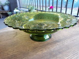 Vintage Green Depression Glass Cake Fruit Pedestal Stand Scalloped Rim