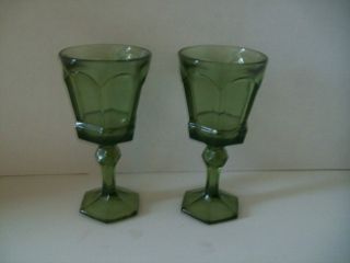 Pair (2) Vintage Fostoria Virginia Olive Green Wine/water Goblets Glasses