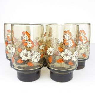 Vintage Libbey Butterfly Glasses Tumbler Retro Amber Flowers Set 5