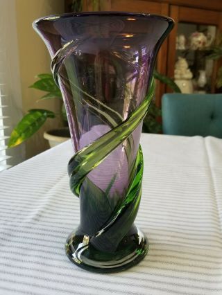Vintage Teleflora Purple Art Glass Vase Green Applied Swirl Hand Blown 9.  5 " Tall