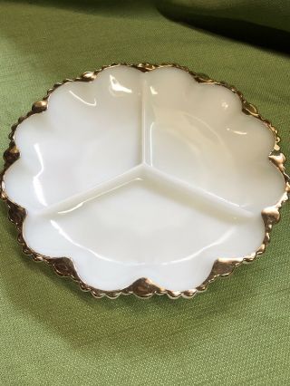 Vintage White Milk Glass 3 Section Divided Dish With Gold Trim Mid - Century