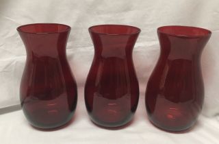 Set Of 3 Ruby Red Glass Vases Or Pillar Candle Holders