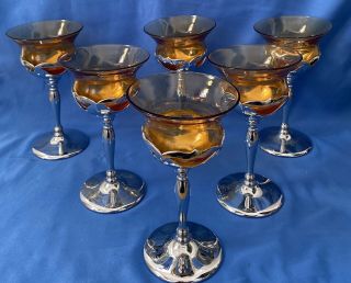 6 Vintage Farber Bros.  Krome Kraft Art Deco Cambridge Amber Glass Stem Cocktails