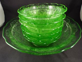 7 Depression Vaseline Uranium Green Glass Serving Bowl Set Cherry/floral Design