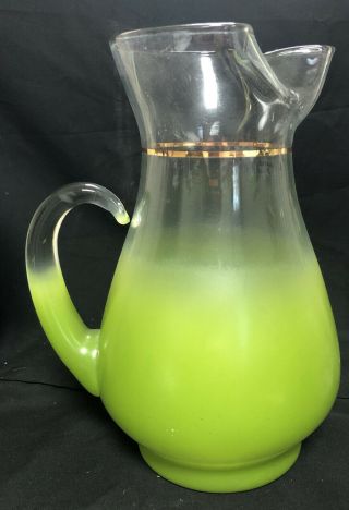 Vintage Green Glass Blendo Pitcher,  Mid Century Frosted,  Retro.  10”