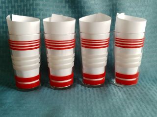 Vintage Set Of 4,  Mid Century Modern,  Red/white Striped Drinking Glasses 10 Oz.