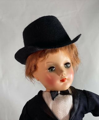 Vintage 14” Mary Hoyer Boy Doll Dressed In Carolyn Roth 3 Piece Tux & Top Hat