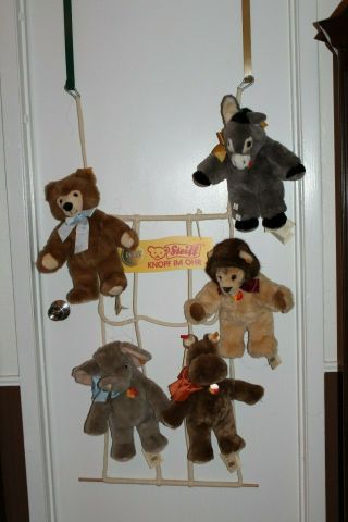 Steiff Display With Teddy,  Donkey,  Lion,  Elephant,  Rhino Rare Find