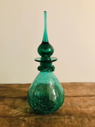 Vintage Rainbow Crackle Glass Green Genie Bottle Decanter W/ Tear Drop Stopper