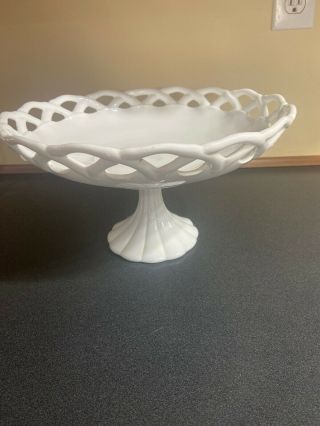 Vintage Milk Glass Pedestal Fruit Bowl / Compote Lace Lattice Centerpiece