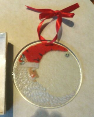 Peggy Karr Fused Glass 3 1/2 " Disc Shape St Nick Santa Christmas Ornament