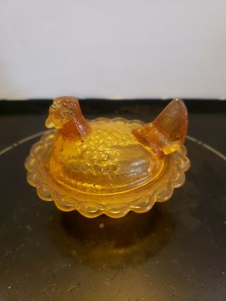 Vintage Mosser Glass Hen,  Chick On A Nest Salt Dip Dish Mini Clear Orange