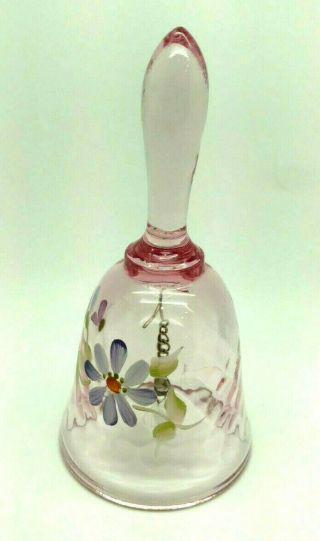 Fenton Pink Bell 4.  5 " Diamond Optic Hand Painted Flowers Artist Signed