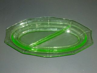 Vintage Uranium Vaseline Glass Divided Nut / Relish Dish Bowl 11 " X 5 1/2 " Glows
