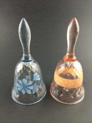 Vintage Fenton Depression Glass Bell Set Of 2 Hand Painted & Signed Pink & Blue