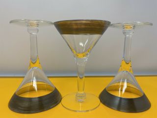 Set Of 3 Small Vintage Mid - Century Metallic Rim Martini Cocktail Glasses Barware