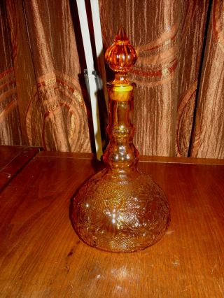 Tiara Sandwich Glass Amber Decanter With Stopper Indiana Glass Genie Bottle