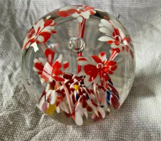 Vintage Glass Art Paperweight Red Controlled Bubble Flower Gentle Glass Star Wv