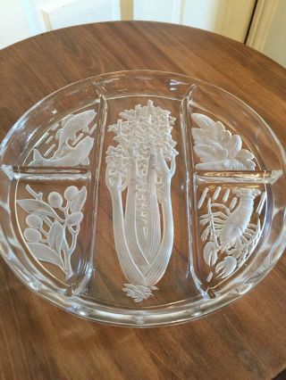 Clear Frosted Etched Intaglio Glass Divided Relish Serving Dish Tray