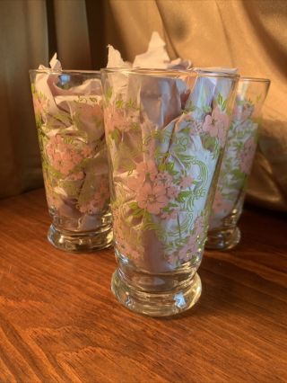 Vintage Set 4 Libbey Pink Floral Design Drinking Glasses 1950 