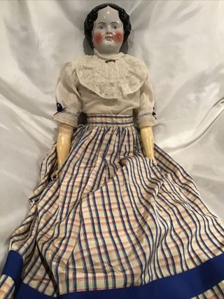 Large 1860’s Civil War China Head Doll 29” Tall Sawdust Body Rosy Cheeks