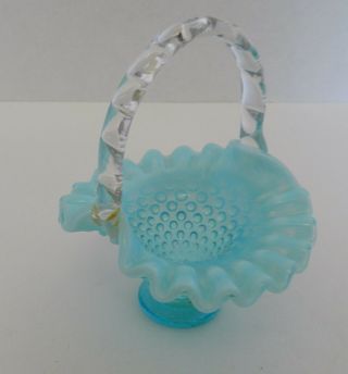 Fenton Art Glass Blue Hobnail Opalescent Low Footed Basket Ruffled Edge Repaired