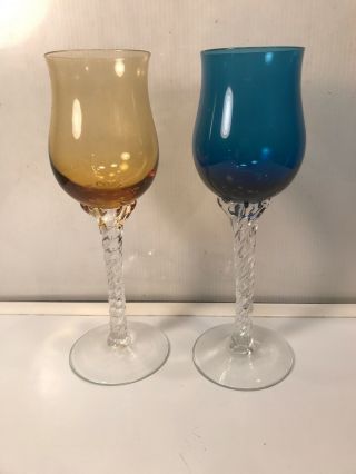 2 Vintage Wine Goblet Glasses Twisted Stems Round Bases