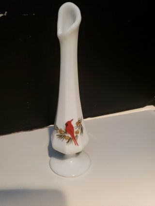 Vintage Signed Fenton Glass Hand Painted White Bud Vase Cardinal Christmas