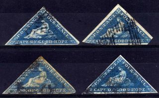 Cape Of Good Hope Triangulars: 1855 - 64 4d Selection,  Faults,  4 Stamps