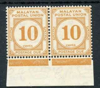 Malayan Postal Union 1936 - 38 Postage Due 10c Yellow - Orange Sgd4 Mnh Pair