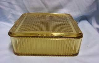 Refrigerator Dish Vintage Amber Depression Glass Large Square Dish Vertical Line