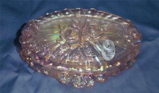 Fenton Glass Pink Iridescent Cabbage Roses Oval Trinket Dish Box Carnival Euc