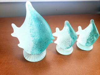 GLASS Vtg Set 3 Frosted Angel Fish Figurines Hand Crafted Blue Green Teal 2