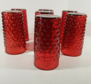 Vintage Ruby Red Hobnail Tumblers Set Of 7 - 8 Oz Glasses 4.  75 " Tall