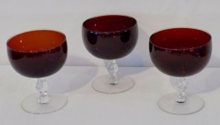Set Of 3 Ruby Red Glass Footed Dessert Dishes