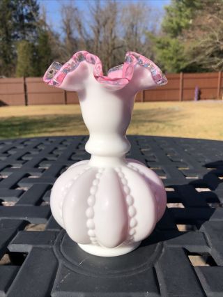 Fenton Art Glass Pink White Hobnail Vintage Fluted Vase