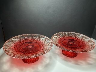 Vintage Set Of Two Red Glass Fleur - De - Lis Rose 8” Pedestal Cake Stands