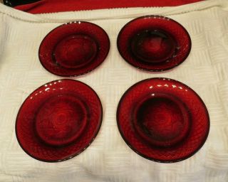 4 Vintage Red Ruby - Cranberry Glass Salad Dessert Plate French Arcoroc 8” Plate