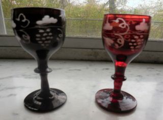 2 Antique Bohemian Czech Ruby Red Cut To Clear Glass Shot Glasses