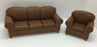 Dollhouse Miniatures Artisan Signed Brown Leather Sofa And Easy Chair