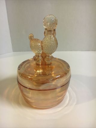 Vintage Jeanette Glass Poodle Powder Jar with Lid Amber Depression Glass 2