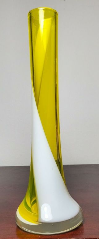 Vintage Hand Blown Art Glass Bud Vase Yellow And White Swirl Heavy Base Mcm