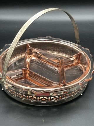 Pink Depression Glass Divided Relish - Nut - Candy Dish With Metal Holder Vintage