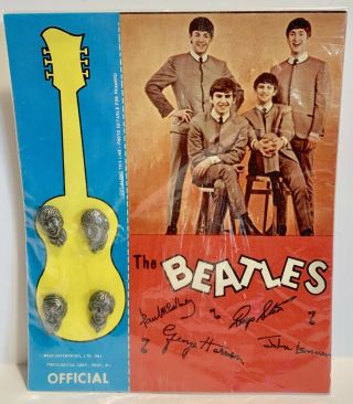 Vintage 1964 Nems Official Beatles Tie Tack Pin Set On Photo Card Fab Four