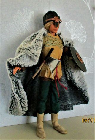 Ken Doll In Viking Outfit With Faux Fur Cloak Shield & Axe Handmade Unique