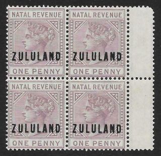 Zululand 1891 1d.  Dull Mauve Postal Fiscal Sg F1 Mnh Block Of Four