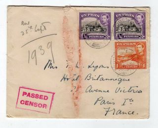 Cyprus 1939 8 Sept Troodos To Paris Cover,  2½p Franking,  Boxed 