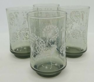 (4) Vintage Libbey Smoke Gray Glass White Dandelion Juice Glasses 6 Oz