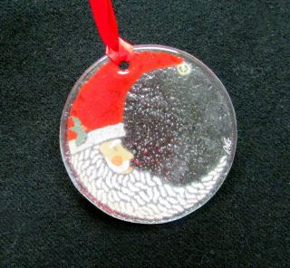 Peggy Karr Fused Glass Round Crescent Santa 3 " Ornament Suncatcher - Signed