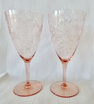 2 Vintage Pink Depression Glass Etched Floral Ribbed Stemmed Wine Glasses Euc